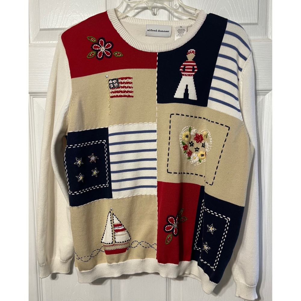 Alfred Dunner Womens Patriotic Nautical Patchwork Sweater XL Cream Sailboat Flag